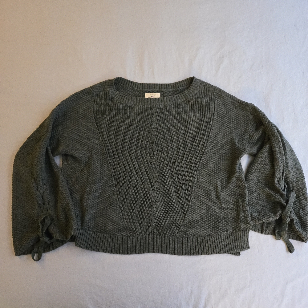 Hollister Hunter Green Knit Bell Sleeve Lace Up Cotton Knit Sweater HAL3